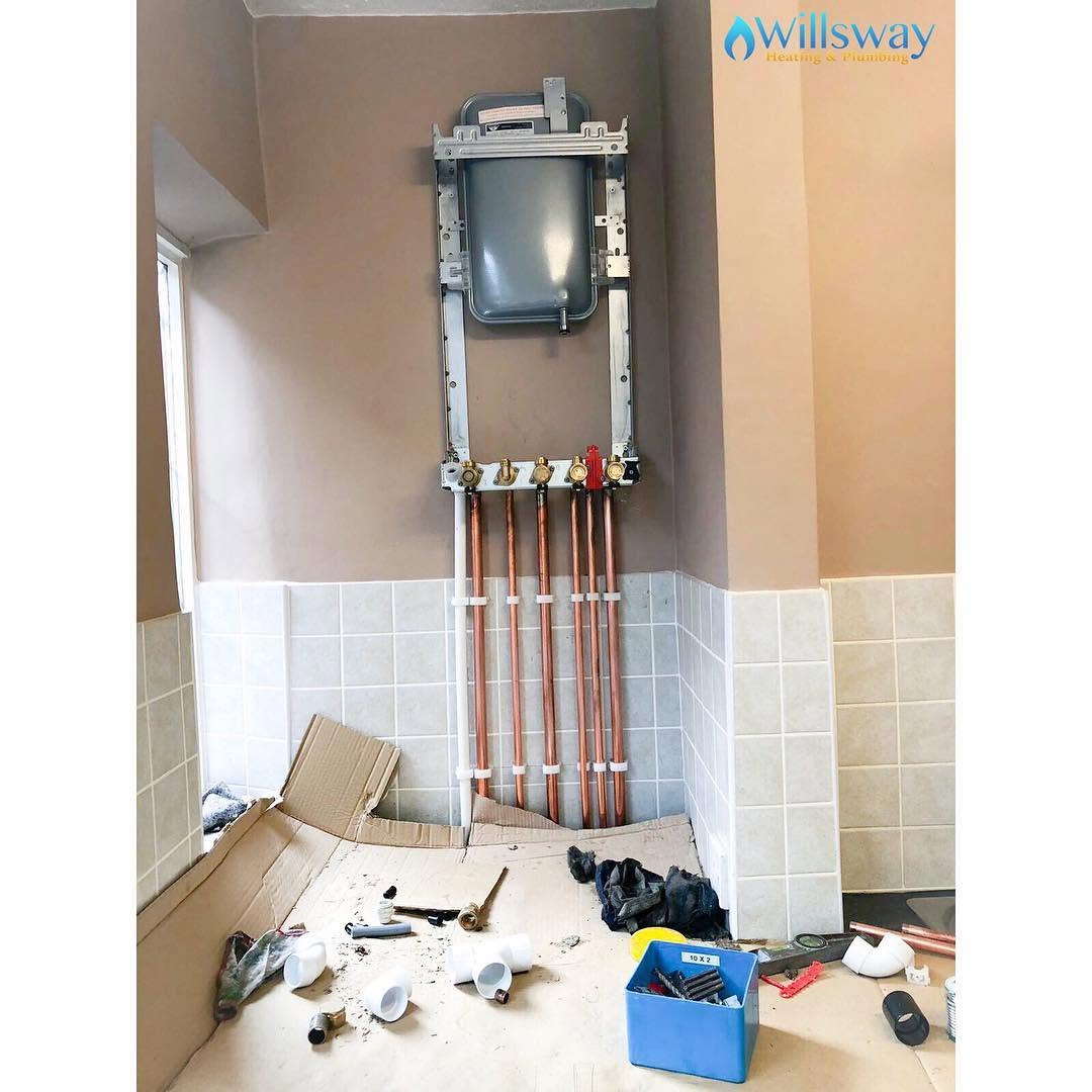 First-fix copper pipework and manifold, isolation valves fitted